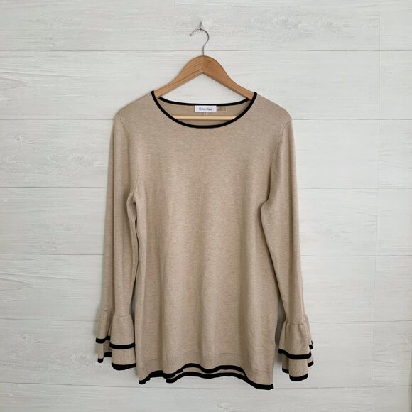 Calvin Klein - Tan black trimmed bell sleeve pullover rayon sweater, L - Picture 1 of 5